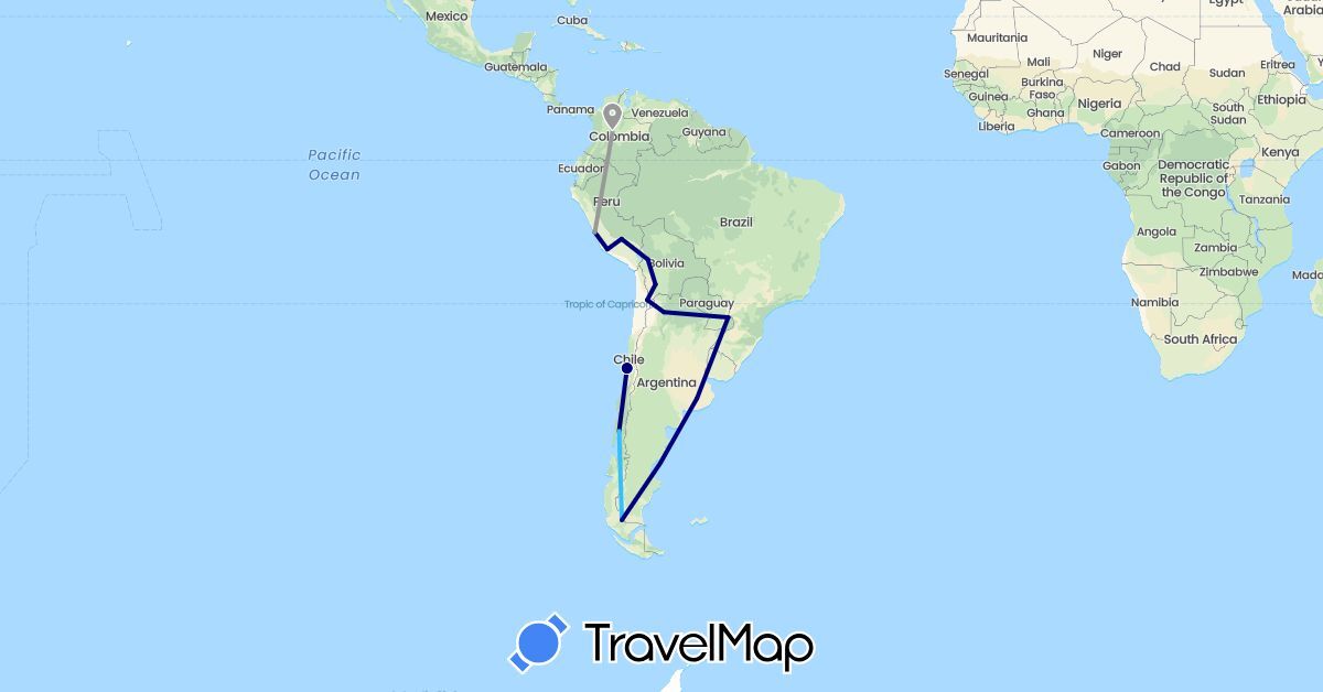 TravelMap itinerary: driving, plane, boat in Argentina, Bolivia, Chile, Colombia, Peru (South America)