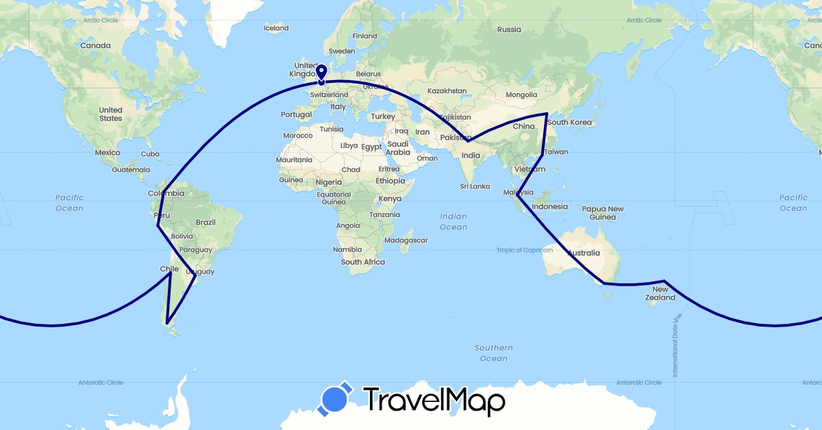 TravelMap itinerary: driving in Argentina, Australia, Belgium, Chile, China, Colombia, Hong Kong, India, Malaysia, New Zealand, Peru (Asia, Europe, Oceania, South America)